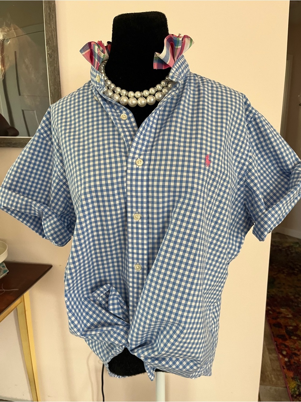Upcycled Ralph Lauren Lt Blue White Gingham Short-Sleeve Ruffle Collar